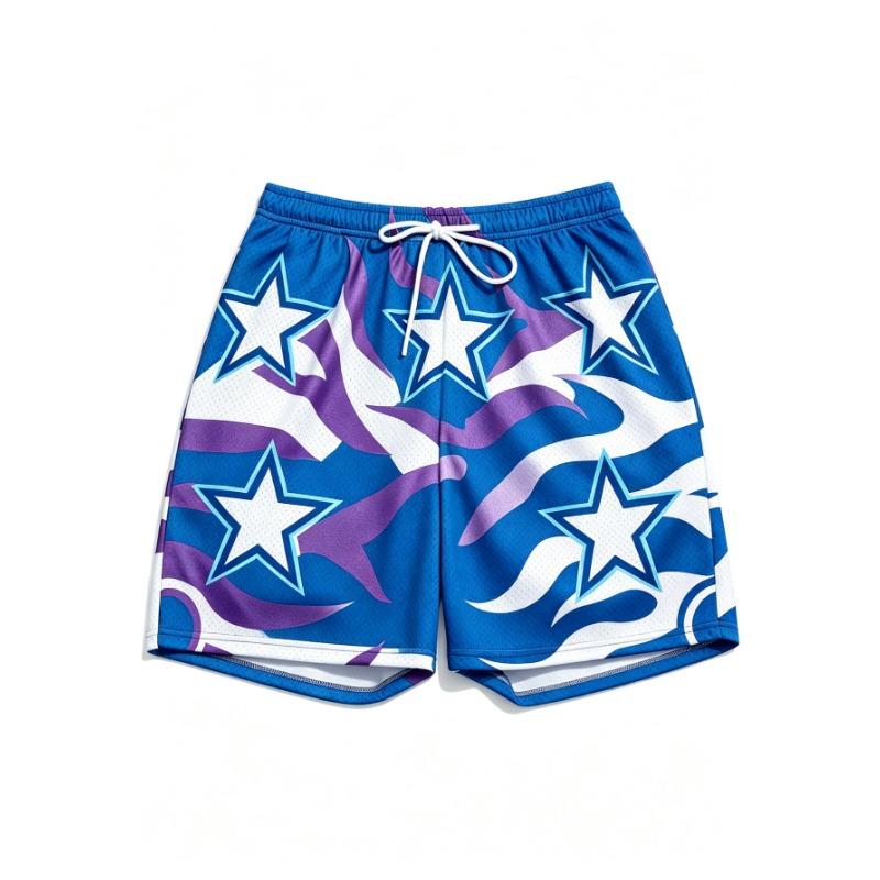 Men's star flame print mesh shorts, breathable drawstring casual shorts