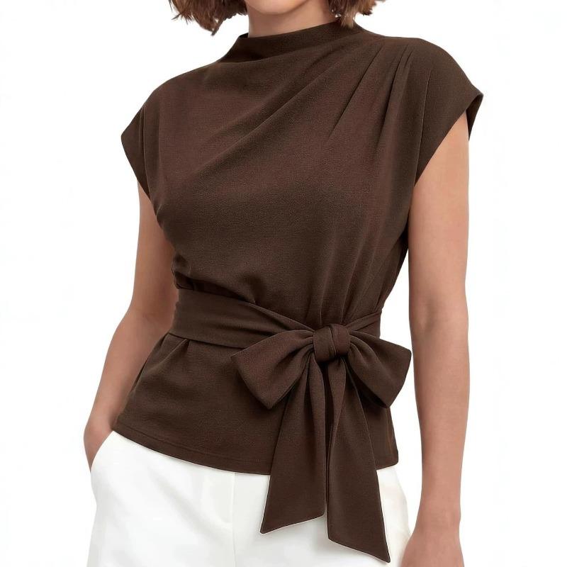 Women Fashion Simple Half High Neck Short Sleeve Belted Waist Top