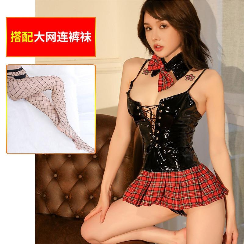 Sex Unterwäsche sexy Lackleder Senior Uniform Anzug reines Verlangen Strapsrock Karokleid Minirock Versuchung