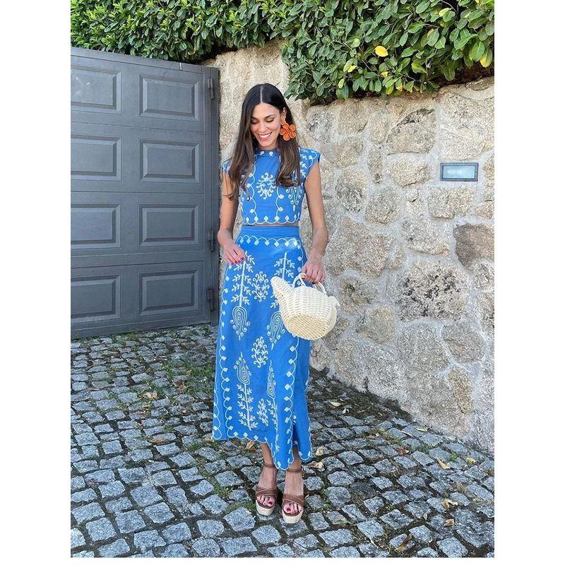 

2024 Модный принт Праздничный стиль Юбка из двух частей Платье из двух частей Blue S