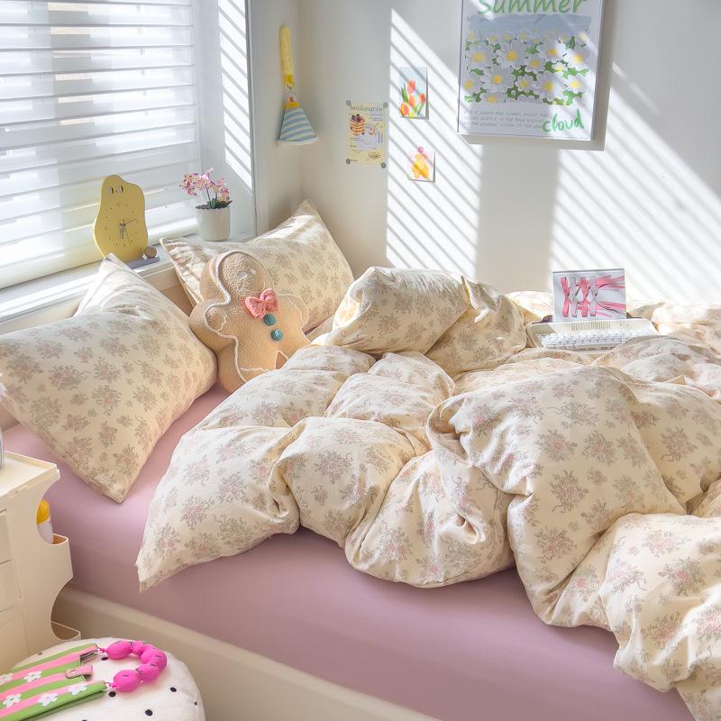 Class A Maternal and Infant Grade Knitted Cotton Double-layer Yarn 4pcs Set, Super Soft Washed Cotton Quilt Cover, Student Dormitory 3pcs Set