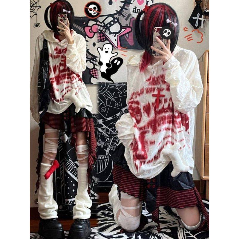 

Spring and Autumn Yabi Style Cultural Blood Letter Hoodie Y2K Rock Punk Printed Pearl Button Hooded Sweatshirt T-Shirt Top for Women White S