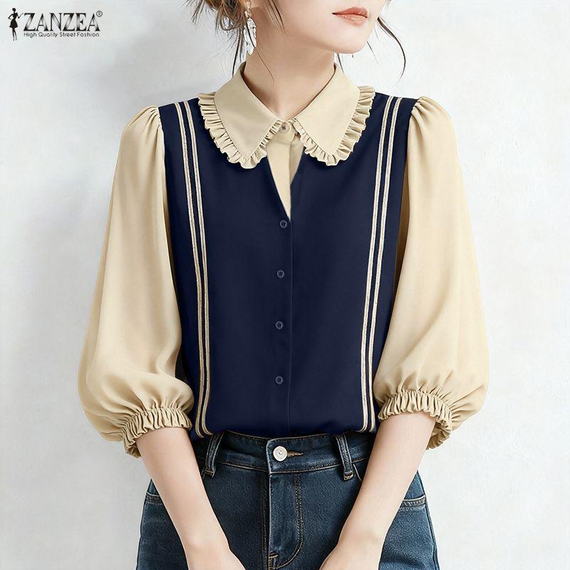 ZANZEA Damen Lässige Puppenkragen Sommer Halbarm Bluse