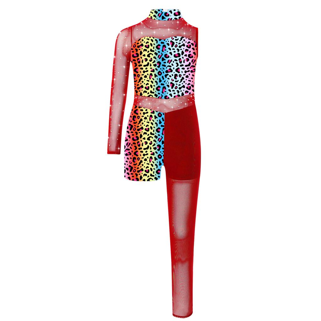 Mädchen Turnanzug mit Print Stern Leopard Schlangenhaut Design Glänzende Strasssteine Durchsichtiges Mesh Patchwork Asymmetrischer Body