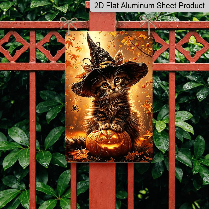 2D Flat, 1pc Autumn Maple Witch Kitty Halloween Aluminum Sign, Pumpkin Decorative Sign, Fun Decor, Halloween Artwork Wall Decor, Modern Wall Art, for