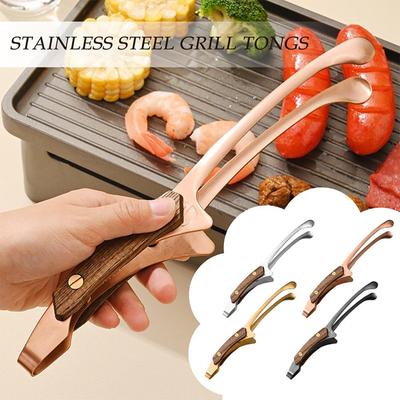 Food Tong Heat Insulated Anti-Scalding Grill Meat Clip Easy To Clean Wooden Handle Stainless Steel Tea Clamp BBQ Tool