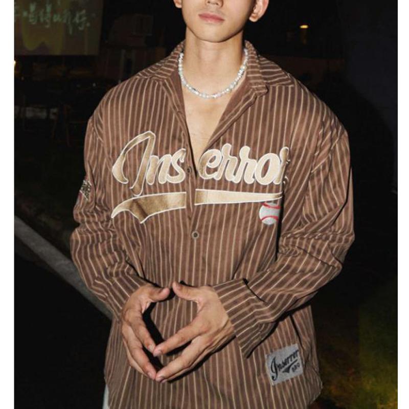 Men's Clothing Autumn Trendy American Vintage Striped Letter Embroidery Shirt Y2K Casual Streetwear Oversized Long Sleeve Tops