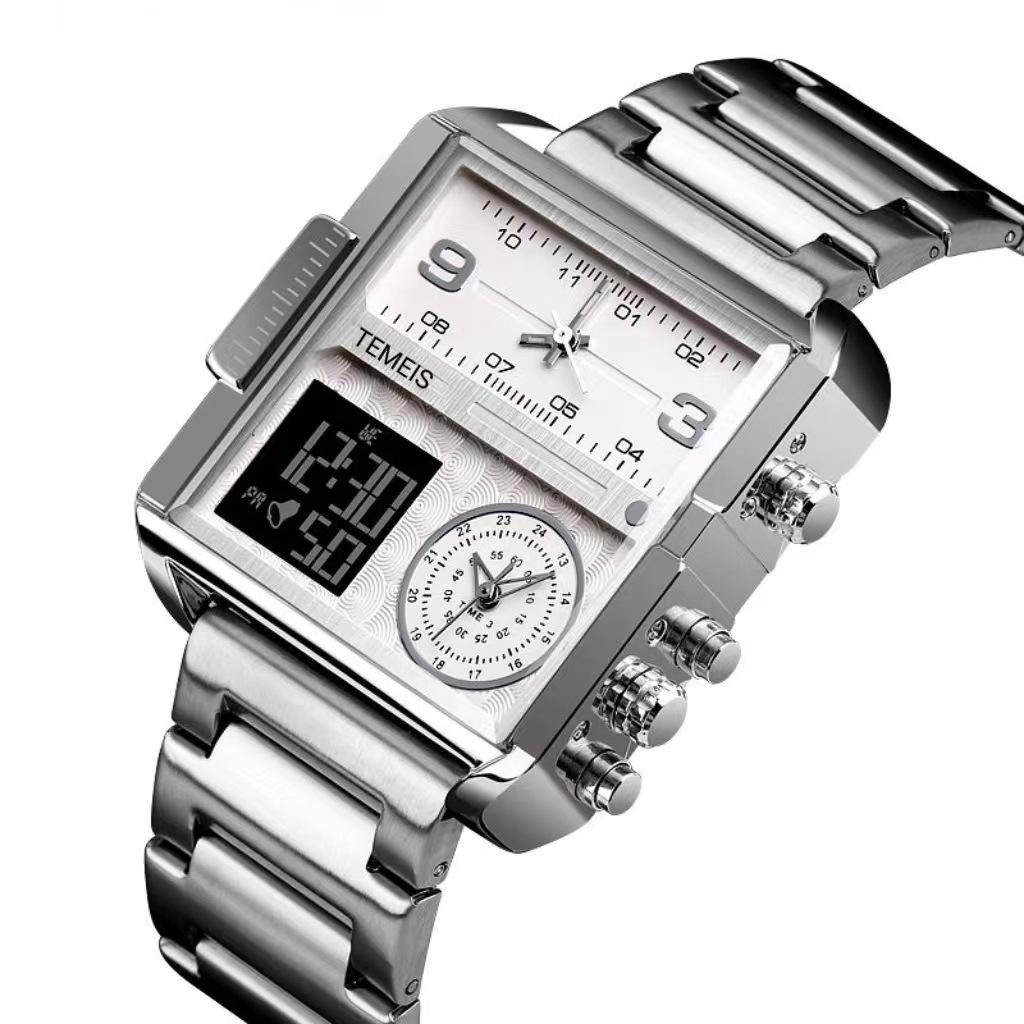 Temeshi 8160 Square Waterproof Watch Three-Time Large Dial Men'S And Women'S Electronic Watch Luminous Chronograph