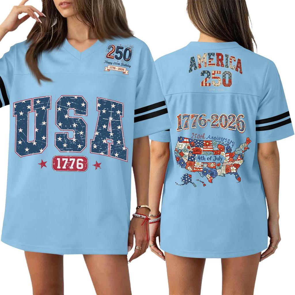 Damska Codzienna Modna Koszulka Sportowa z Dekoltem V z Nadrukiem na Dzień Niepodległości Krótkim Rękawem Top