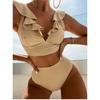 Multicolor Ruffle V-Neck High Waist Bikini - Women's European & American Beach Swimwear
