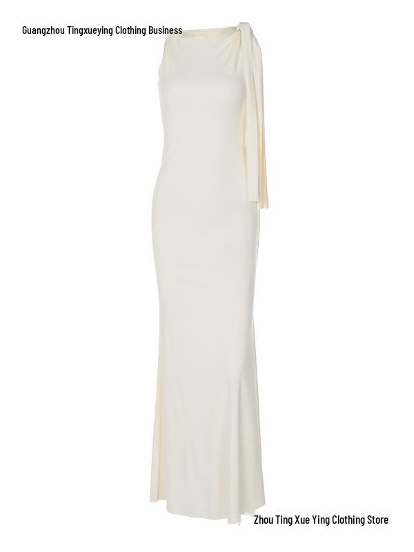 Women's Elegant One-Shoulder Summer Dress - Solid Color Draped Fashion
