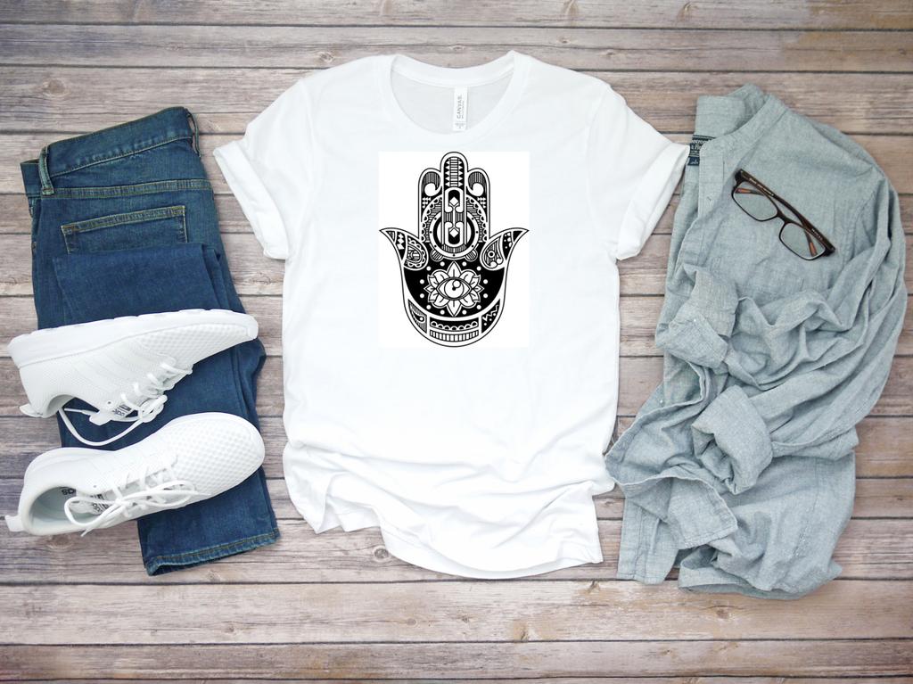 Camiseta de Manga Corta Blanca para Hombre Hamsa Mano de Fátima K181