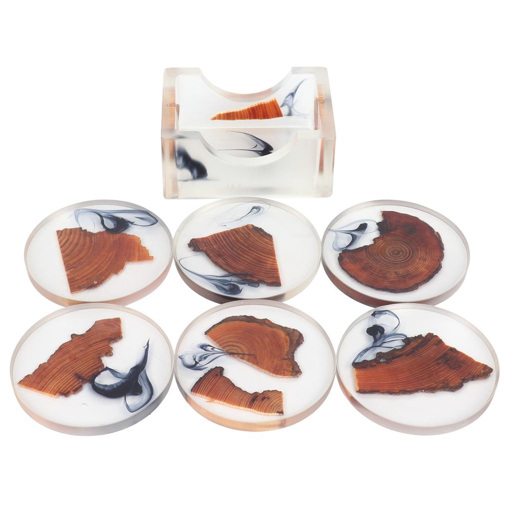6Pcs Drink Coasters Rack Set Heat Insulation Pine Wood Resin Cup Pad Tabletop Protection(Square