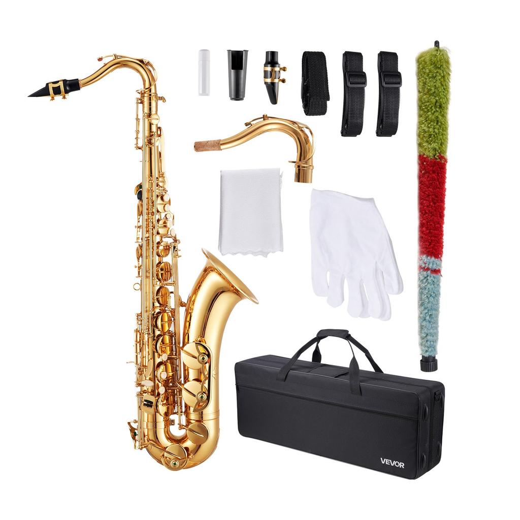 VEVOR Tenor Saxophone, B Flat, Professional Brass Saxophone Beginner Kit with Carrying Case, Mouthpiece, Straps, Cleaning Cloth, Gloves, Neck Strap