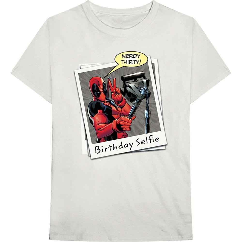 Deadpool T Shirt Birthday Selfie Official Marvel Comics Mens Ecru XL 2XL