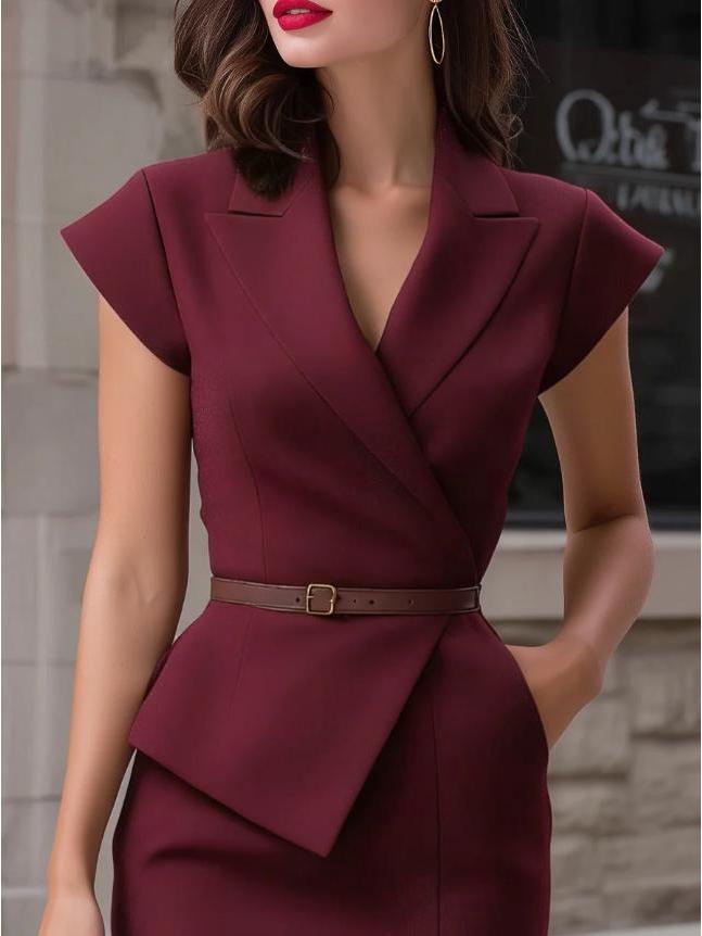 Elegant V-Neck Solid Color Short Sleeve Women's Dress - Summer 2026 Collection