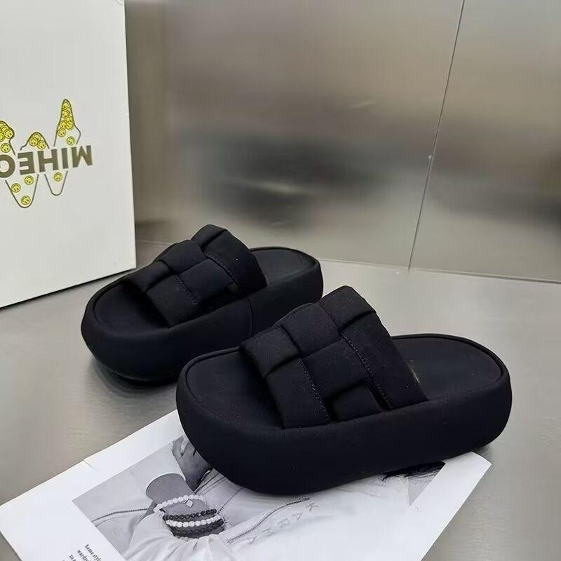 Muffin Thick-soled Cool Slippers Woven One-word Slippers Women Wear New Breathable Sandals In Summer