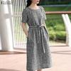ZANZEA Damen Lässiges Rundhals-Kurzarmkleid mit Karomuster