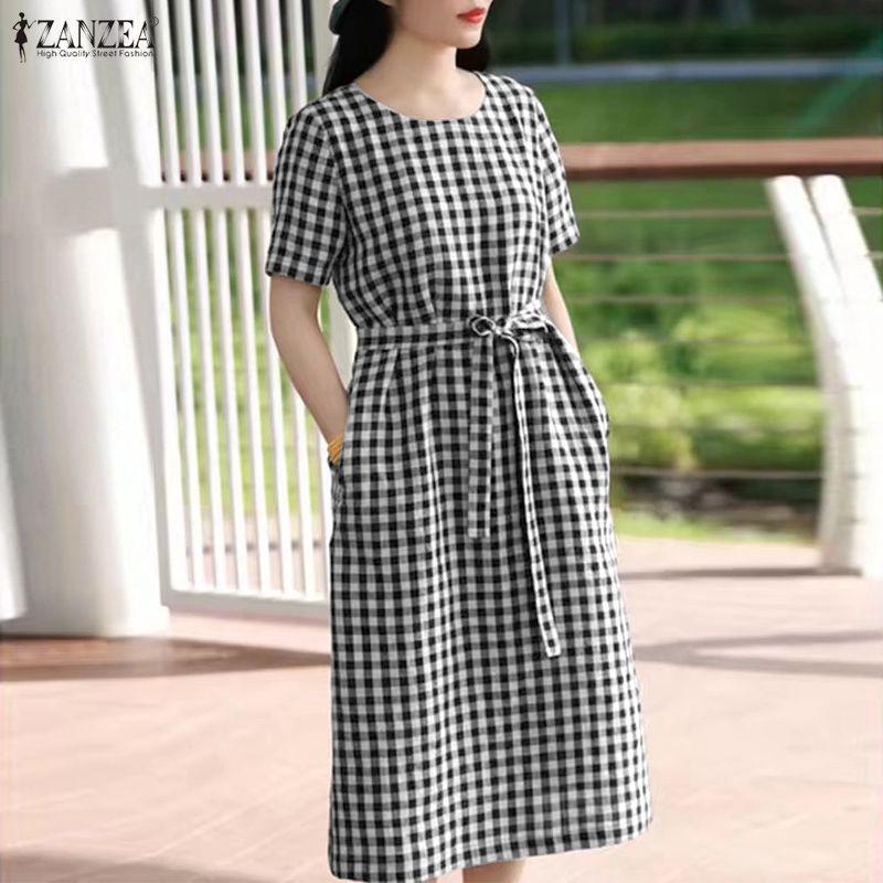 ZANZEA Damen Lässiges Rundhals-Kurzarmkleid mit Karomuster