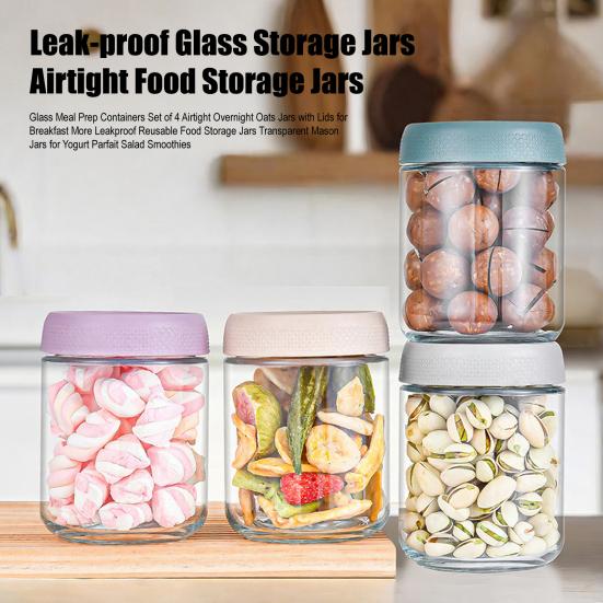 4Pcs/Set Airtight Overnight Oats Jars Glass Meal Prep Containers Stackable Mason Jars with Lids Leakproof Reusable Food Storage Jars