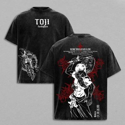 Jujutsu Kaisen Fushiguro Toji Asesino de Hechiceros Camiseta Negra Unisex Casual Oversize Lavada Vintage de Doble Cara Anime Streetwear