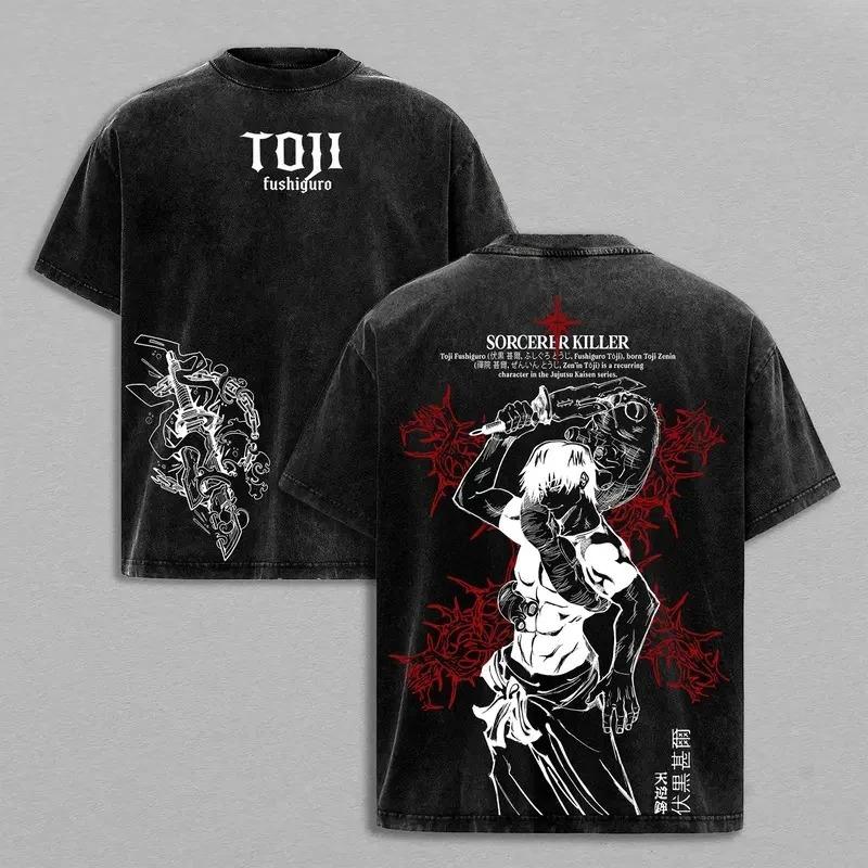 Jujutsu Kaisen Fushiguro Toji Sorcerer Killer Double-Sided Vintage Washed Oversized Anime Streetwear Unisex Casual Black T-Shirt L