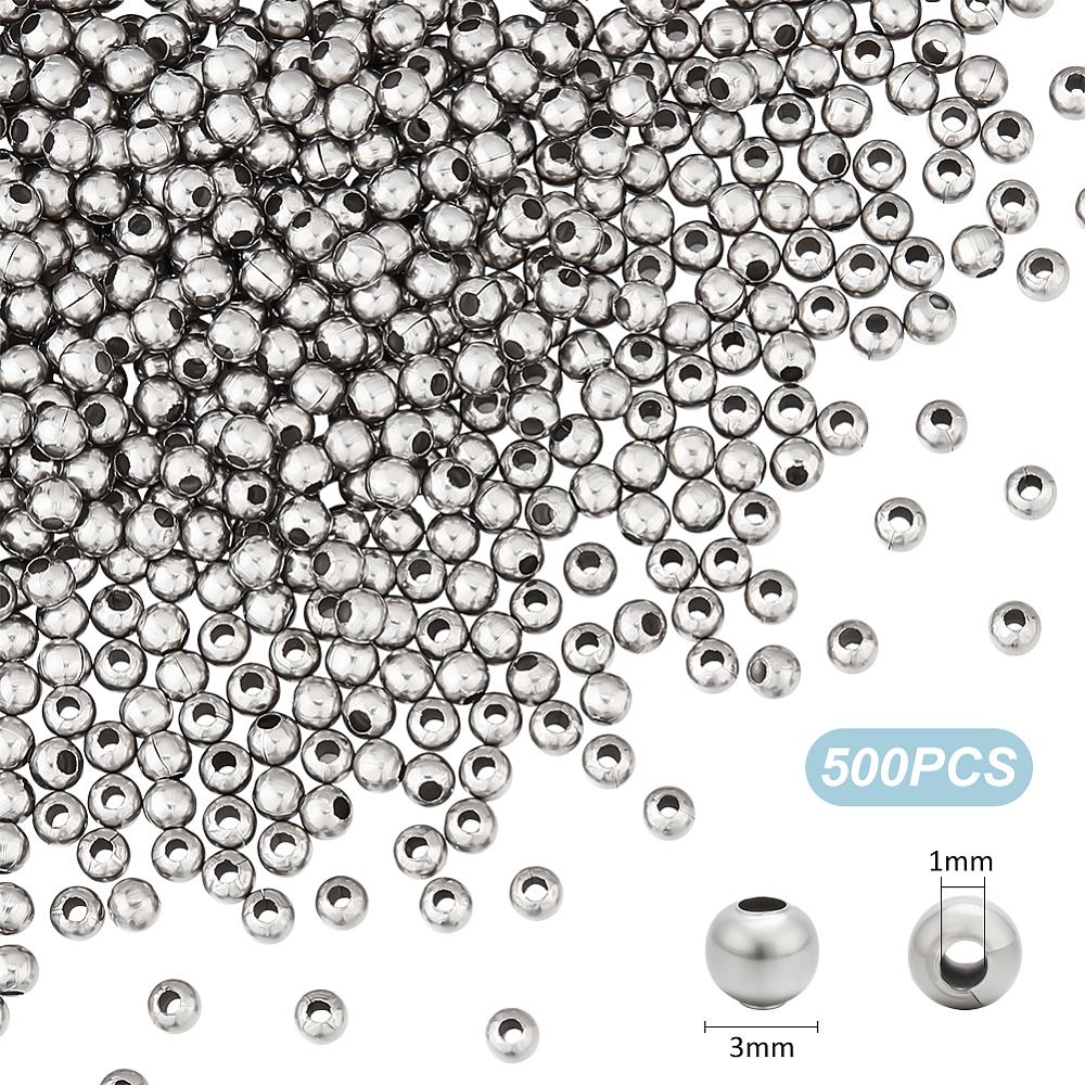 500Pcs 304 Stainless Steel Round Seamed Beads, for Jewelry Craft Making, Stainless Steel Color, 3mm, Hole: 1mm