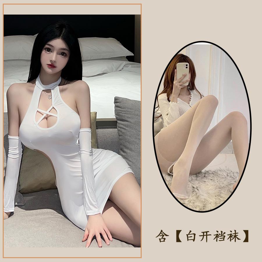 Sex Underwear Sexy Women's One-piece Cross-hanging Neck Perspective Cheongsam Nightclub Uniform Pajamas Set Hip Skirt