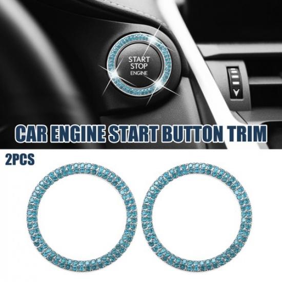 2 Pcs Bling Car Engine Start Stop Button Cover Push Start Button Light Blue