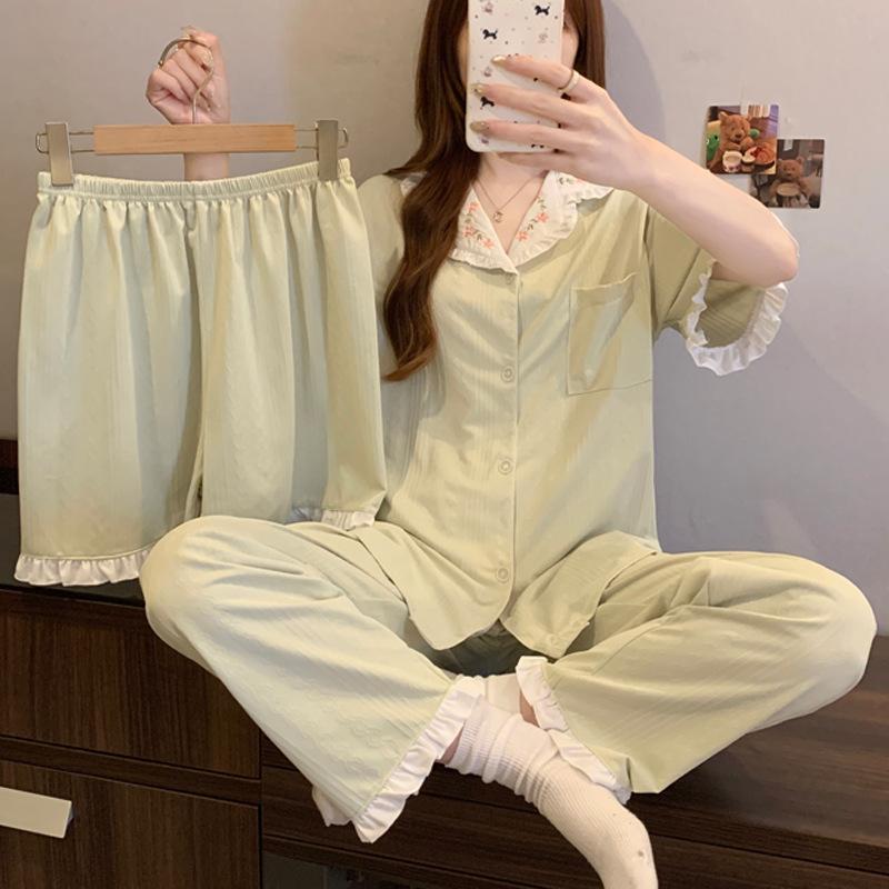 High-value style simple imitation cotton edge pajamas women's summer short-sleeved sweet three-piece set