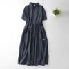 2026 Summer Women's High-End Chinese Style Cotton Linen Shirt Dress - Waist-Cinched, Slimming, Mid-Length Skirt