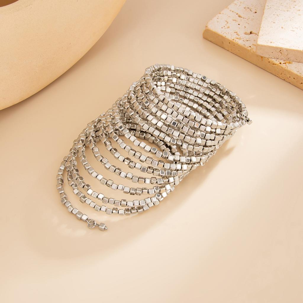 Stylish And Shiny Square Ccb Beaded Wrapped Wide Bracelet, Personalized Geometric Multi-Layer Stacked Bracelet For Women