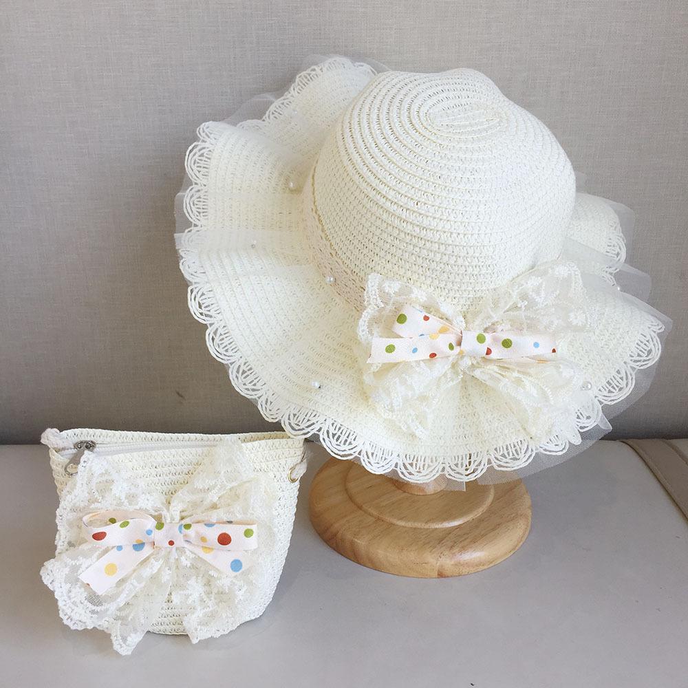 Girls Summer Lace Princess Straw Hat With Bag Set UV Protection Sunshade Beach Cap For Baby Toddler Outdoor Travel