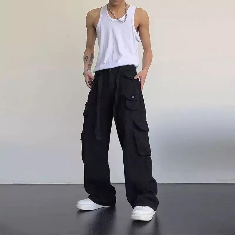 High street retro casual large pocket overalls men's and women's new summer high waist loose straight tube draped wide leg pants
