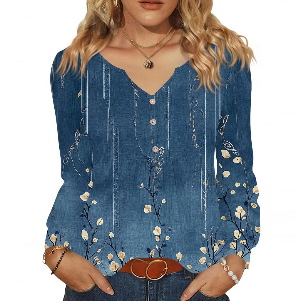 Women's Fashionable Casual V-neck Blouse Button Long-sleeved Pullover T-shirt Top