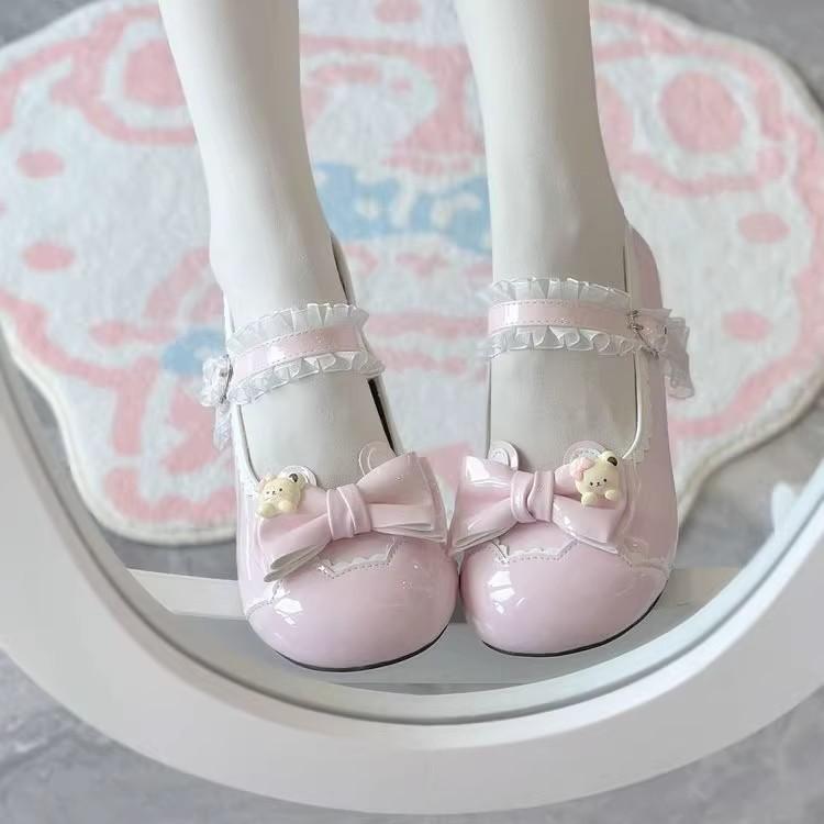 New round head cute sweet little leather shoes Fudie heart cute bow