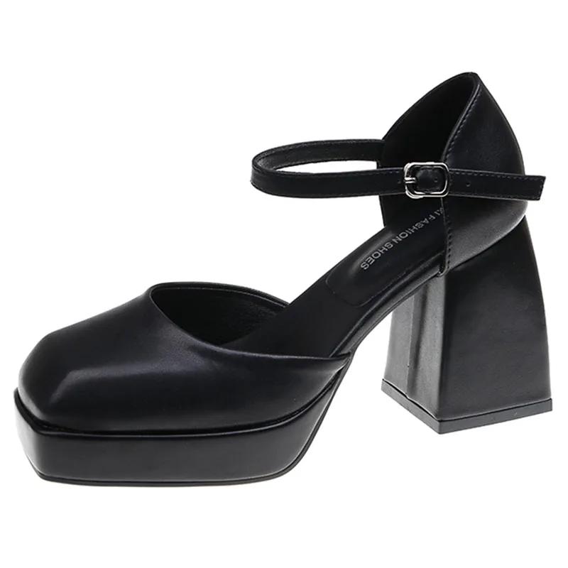 

Big Square Toe Chunky Platform Super High Heels Shoes Women Autumn 2025 Solid Black Ankle Strap Platform Pumps Woman Mary Janes 39 чёрный