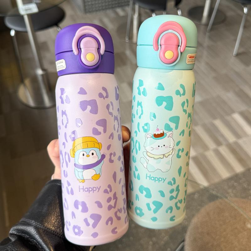 Water Bottle1011 Leopard Print Cute Children's Cup Gourd Cup New Thermos Cup Girls Water Cup Portable Straw Cup