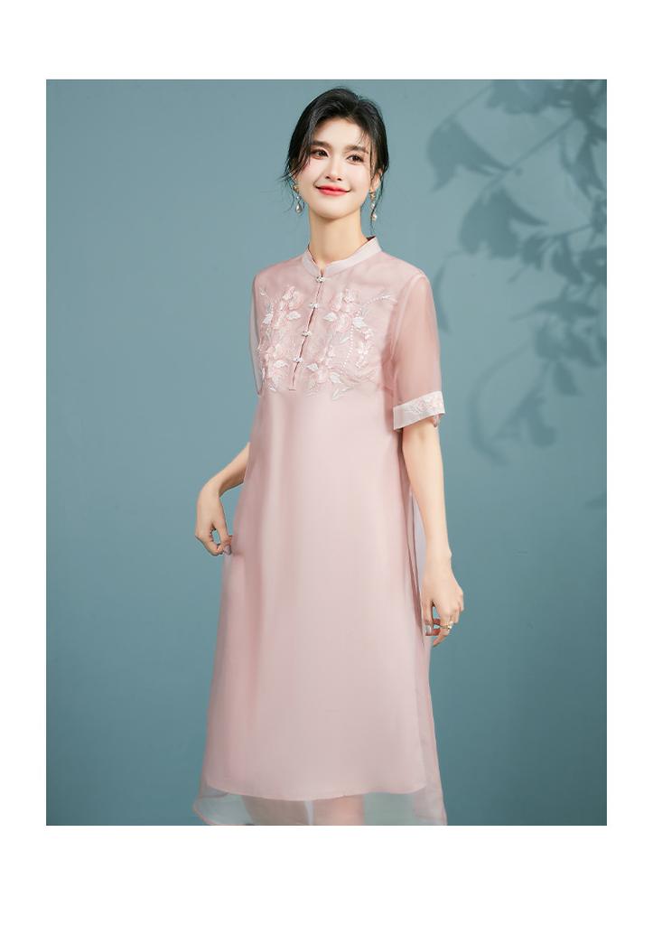 New Chinese Style Silk Dress with Embroidered Organza and Mulberry Silk for Summer