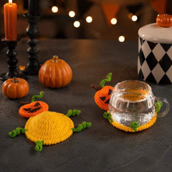 Knitted Cup Pads Handmade Crochet Halloween Coaster, 3D Bat Pumpkin Ghost Drink Mat Festive Coasters for Table Decor, Home Accessories Kitchen