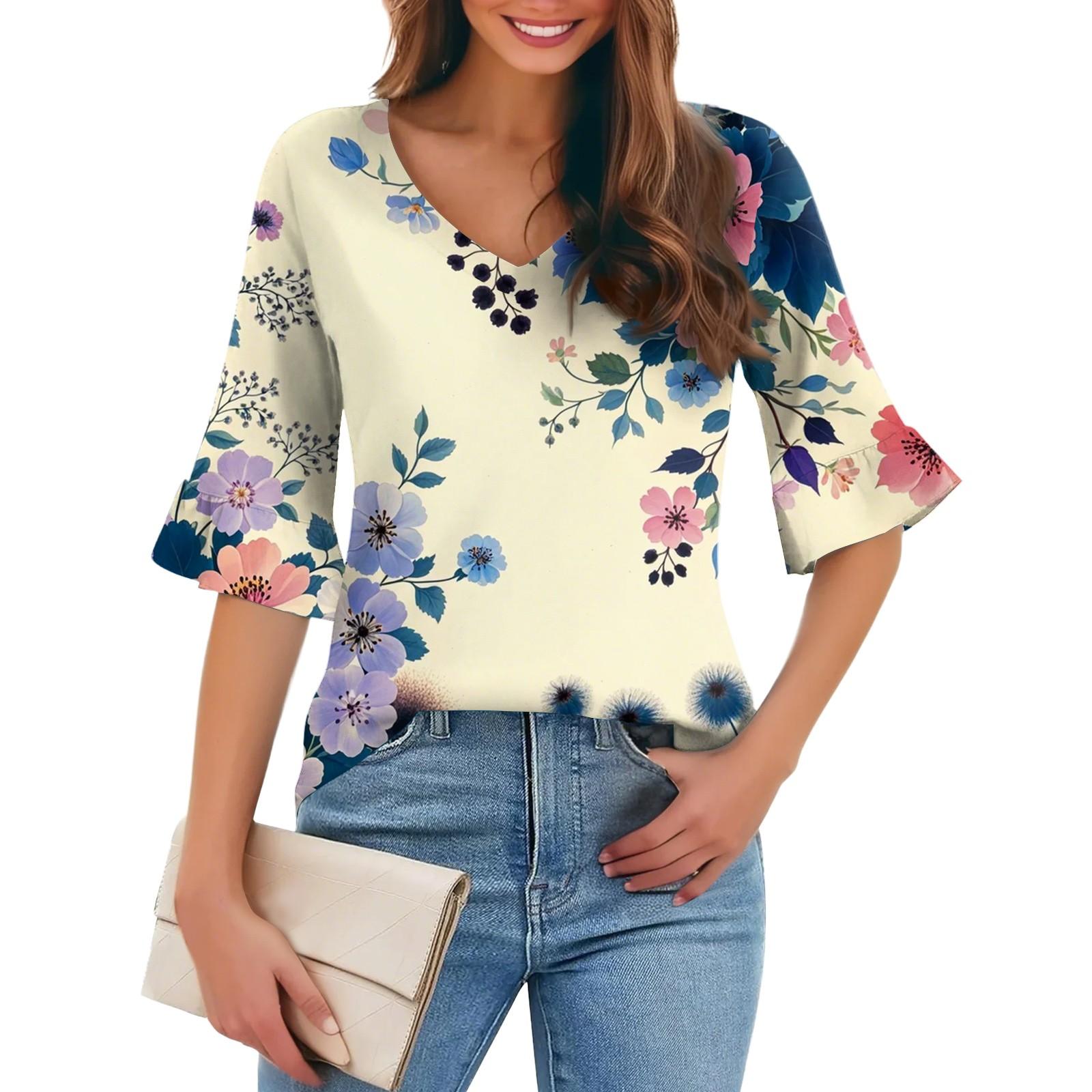 

Женская повседневная модная футболка с V-образным вырезом, свободная, для поездок на работу, с цветочным принтом и рукавами-пятью точками M