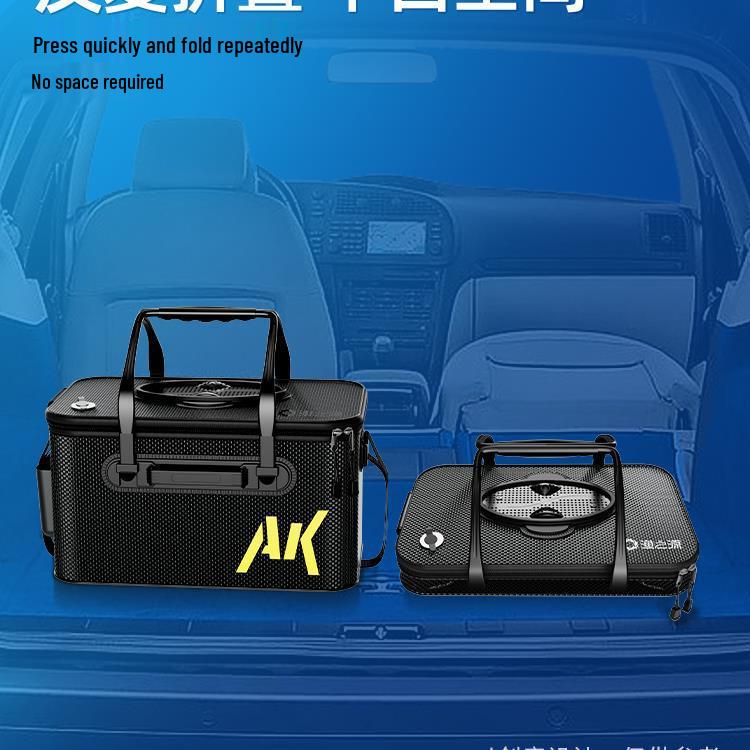 Pogrubione wiadro na żywe ryby z koszykiem na przynęty i ochraniaczem na ryby