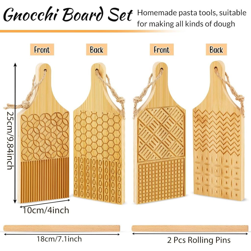Set di 4 Pezzi Tavola per Gnocchi in Legno, Paletta per Gnocchi, Tavola per Pasta Garganelli con Rulli, Idee Regalo per la Cucina