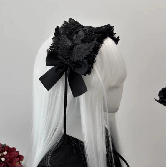 Gothic Angel Wings Maid Bonnet Hairband Lolita Girl Cosplay Costume Accessories Retro Adjustable Ruffles Solid Headwear Women