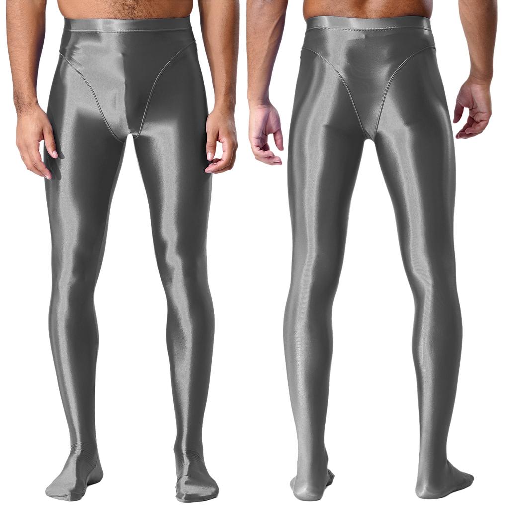 Męskie błyszczące legginsy o wyglądzie mokrej skóry Błyszczący elastyczny pas Wzór ze stopami Dopasowany krój Obcisłe spodnie-rajstopy