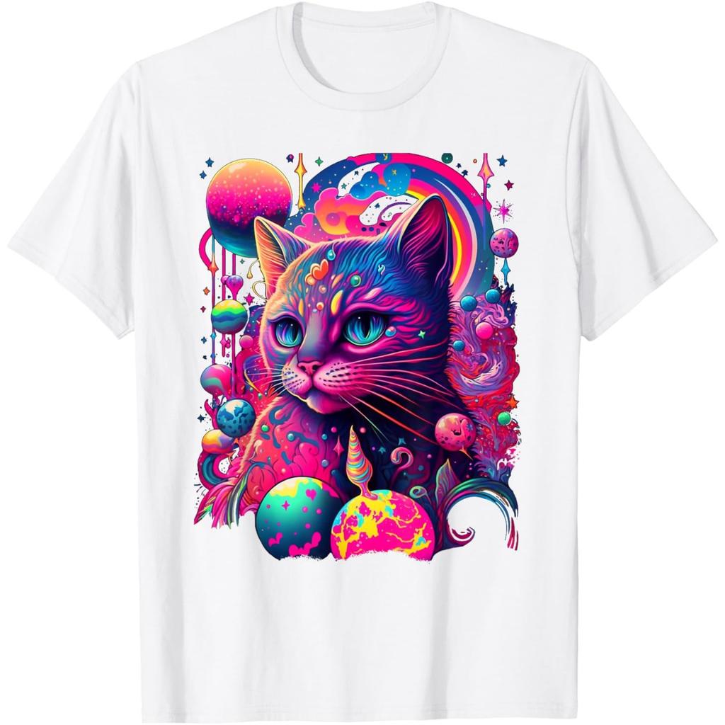 Psychedelic Rainbow Cat Print Graphic T-Shirt Men's Crew Neck Breathable Casual Tee