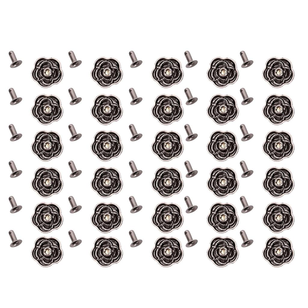 30 Sets Decorative Rivets Antique Silver 14mm Camellia Flower Stud and 3x7mm Iron Trumpet Base for Leather Crafts and