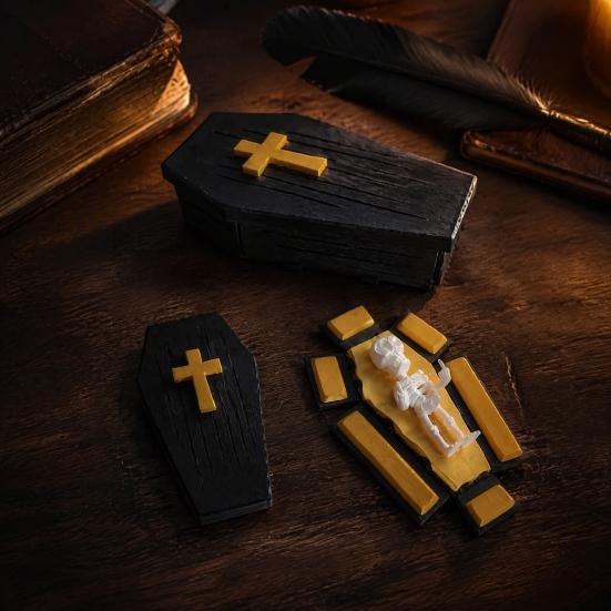 Folding Coffins Figurine 3D Printed with Skeleton Ornament, Miniature Articulated Statue, Gothic Window Decor Dark Desktop Decoration for Halloween