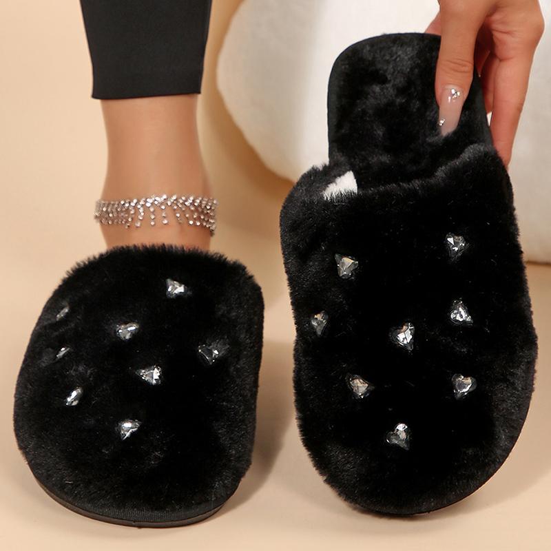 Fashion Fashion Heart Crystal Detor Fur Slippers Women Indoor Slip On Warm Plush Slippers Woman Winter Non Slip Light Cotton Slides Lady