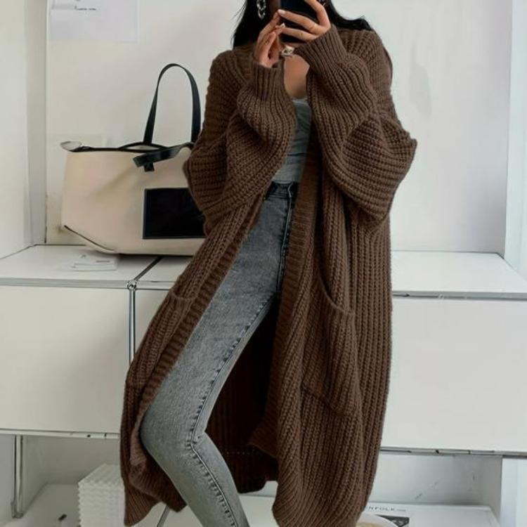 Fall Winter Outwear Women Long Cardigan Sweater Coat Open Front Mid Length Knitting Coat with Pockets